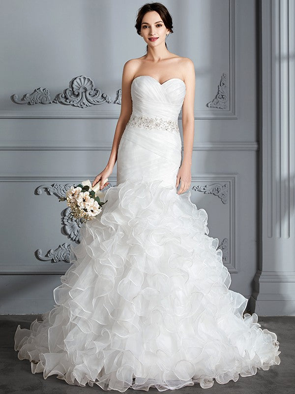 Mermaid Sweetheart Satin Sleeveless Ruffled Wedding Dress - Chloe Dress