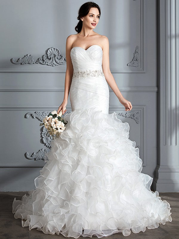Mermaid Sweetheart Satin Sleeveless Ruffled Wedding Dress - Chloe Dress
