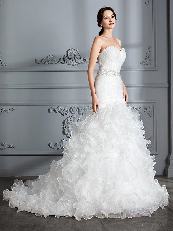 Mermaid Sweetheart Satin Sleeveless Ruffled Wedding Dress - Chloe Dress