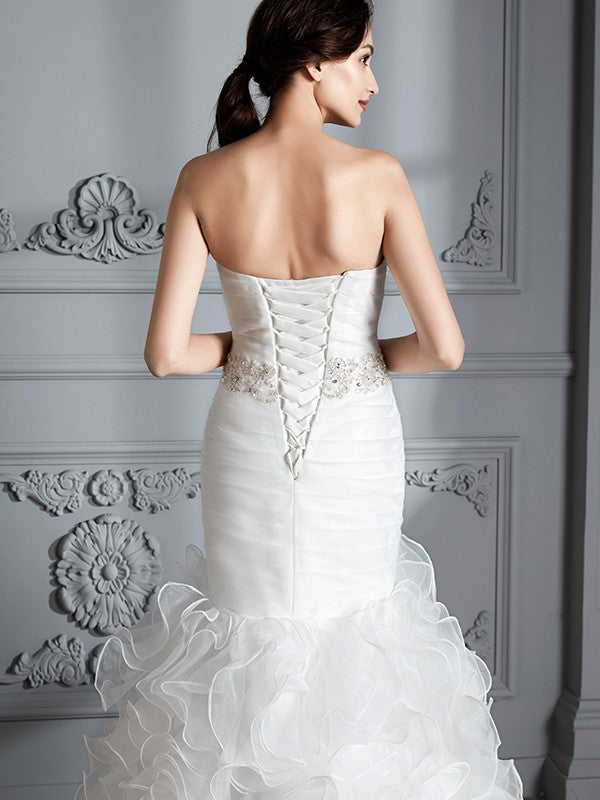 Mermaid Sweetheart Satin Sleeveless Ruffled Wedding Dress - Chloe Dress