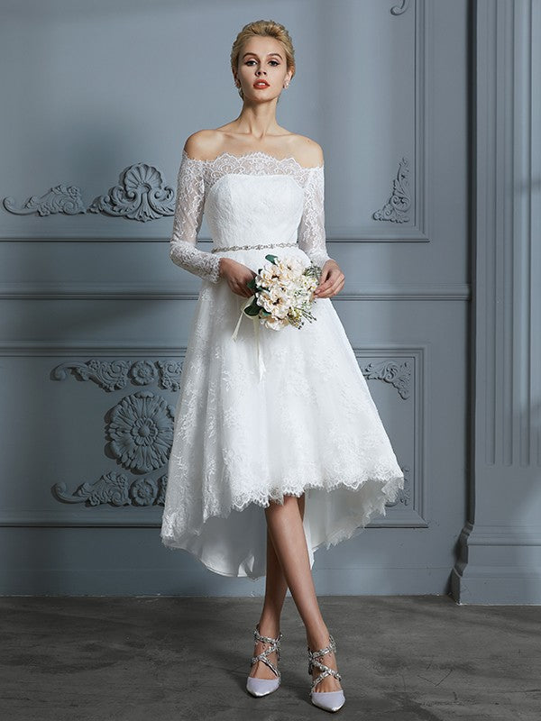 A-Line Lace Long Sleeve Asymmetric Wedding Dress - Chloe Dress