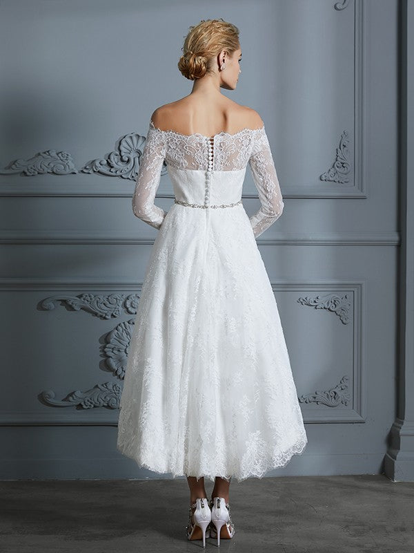 A-Line Lace Long Sleeve Asymmetric Wedding Dress - Chloe Dress