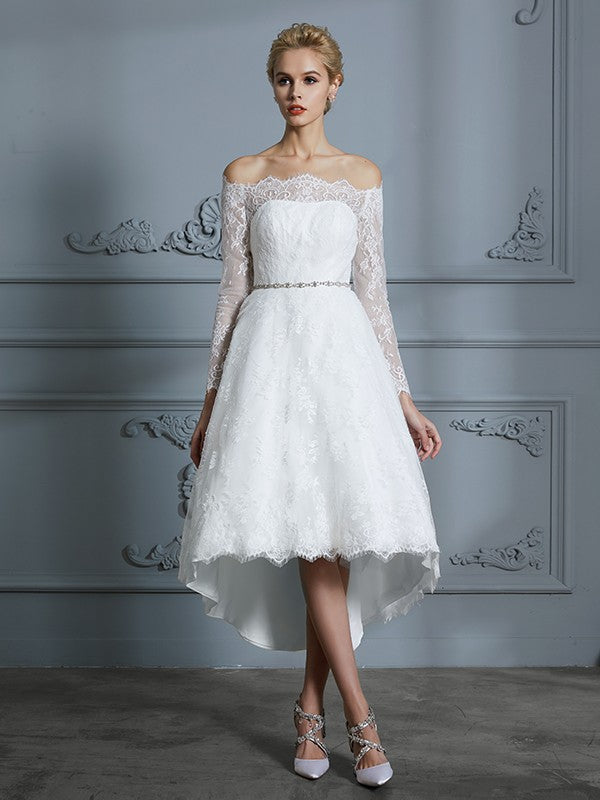 A-Line Lace Long Sleeve Asymmetric Wedding Dress - Chloe Dress