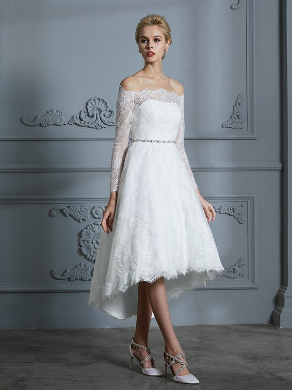 A-Line Lace Long Sleeve Asymmetric Wedding Dress - Chloe Dress