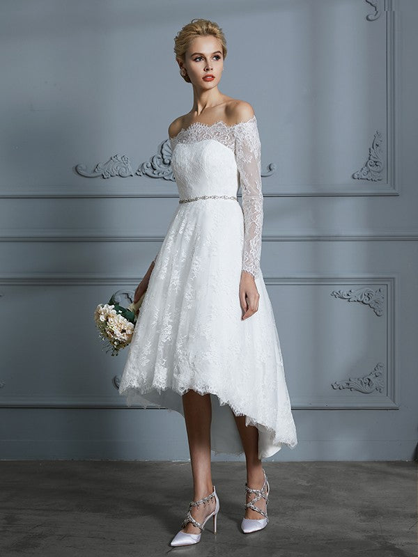 A-Line Lace Long Sleeve Asymmetric Wedding Dress - Chloe Dress
