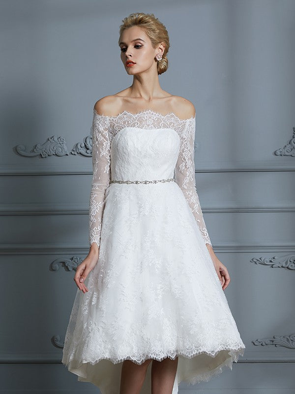 A-Line Lace Long Sleeve Asymmetric Wedding Dress - Chloe Dress