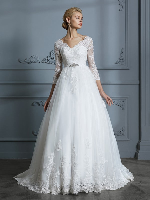 Ball Gown V-Neck Tulle Three-Quarter Sleeve Train Wedding Gown - Chloe Dress