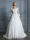 Ball Gown V-Neck Tulle Three-Quarter Sleeve Train Wedding Gown - Chloe Dress