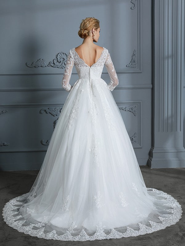 Ball Gown V-Neck Tulle Three-Quarter Sleeve Train Wedding Gown - Chloe Dress