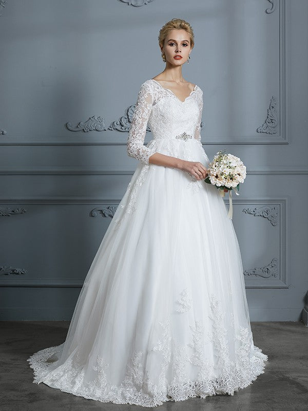 Ball Gown V-Neck Tulle Three-Quarter Sleeve Train Wedding Gown - Chloe Dress