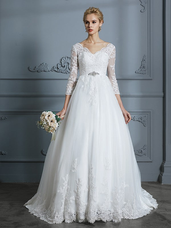 Ball Gown V-Neck Tulle Three-Quarter Sleeve Train Wedding Gown - Chloe Dress