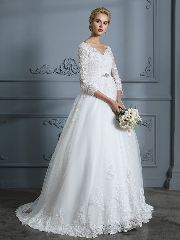 Ball Gown V-Neck Tulle Three-Quarter Sleeve Train Wedding Gown - Chloe Dress