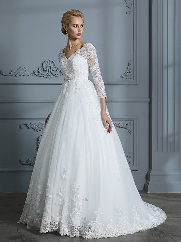 Ball Gown V-Neck Tulle Three-Quarter Sleeve Train Wedding Gown - Chloe Dress