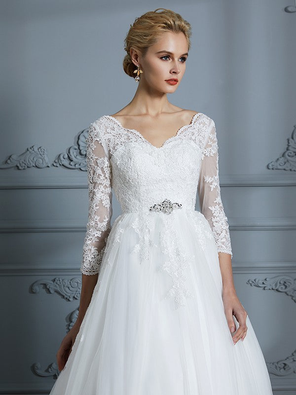 Ball Gown V-Neck Tulle Three-Quarter Sleeve Train Wedding Gown - Chloe Dress
