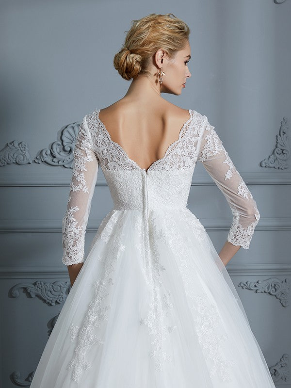 Ball Gown V-Neck Tulle Three-Quarter Sleeve Train Wedding Gown - Chloe Dress