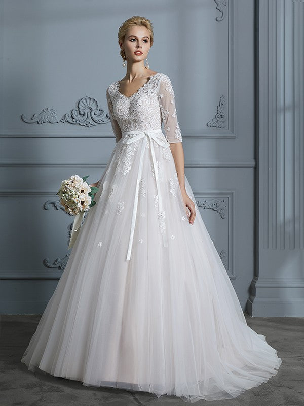 Ball Gown V-Neck Tulle Train Wedding Gown - Chloe Dress