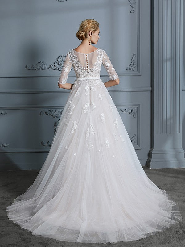 Ball Gown V-Neck Tulle Train Wedding Gown - Chloe Dress