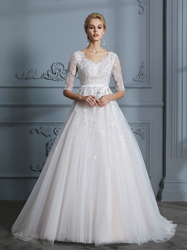 Ball Gown V-Neck Tulle Train Wedding Gown - Chloe Dress