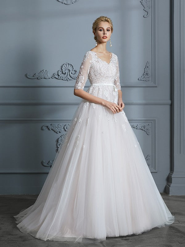 Ball Gown V-Neck Tulle Train Wedding Gown - Chloe Dress