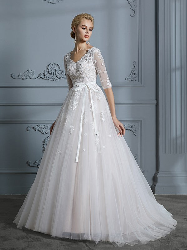 Ball Gown V-Neck Tulle Train Wedding Gown - Chloe Dress