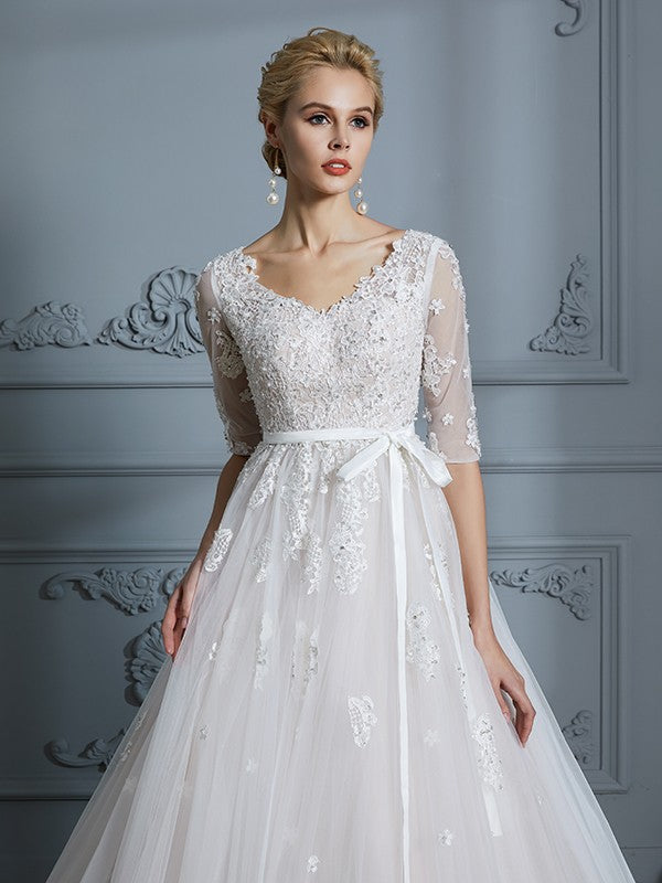 Ball Gown V-Neck Tulle Train Wedding Gown - Chloe Dress