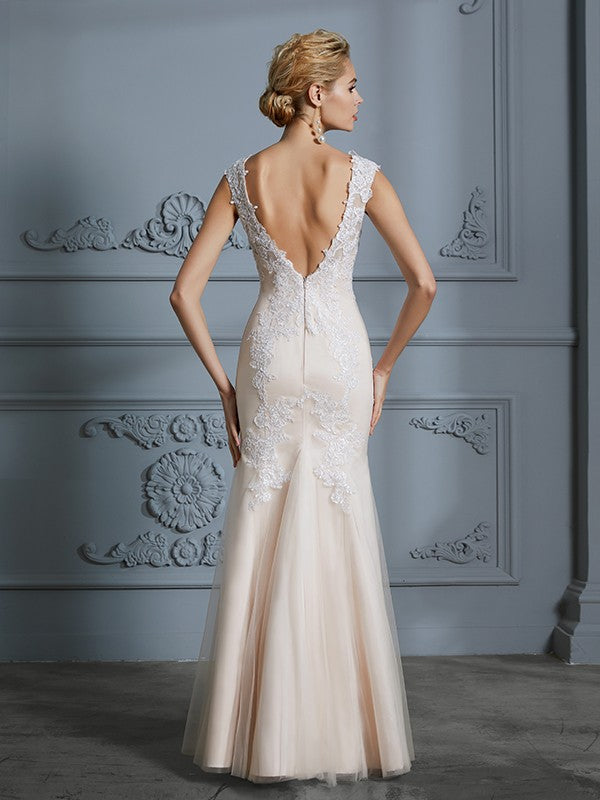 Mermaid Tulle Sleeveless Applique Floor-Length Wedding Dress - Chloe Dress