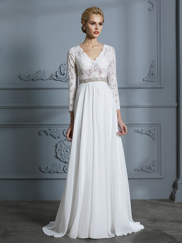 A-Line V-Neck Chiffon Three-Quarter Sleeve Train Wedding Dress - Chloe Dress