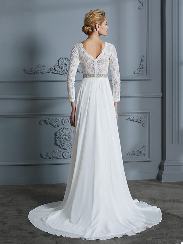 A-Line V-Neck Chiffon Three-Quarter Sleeve Train Wedding Dress - Chloe Dress