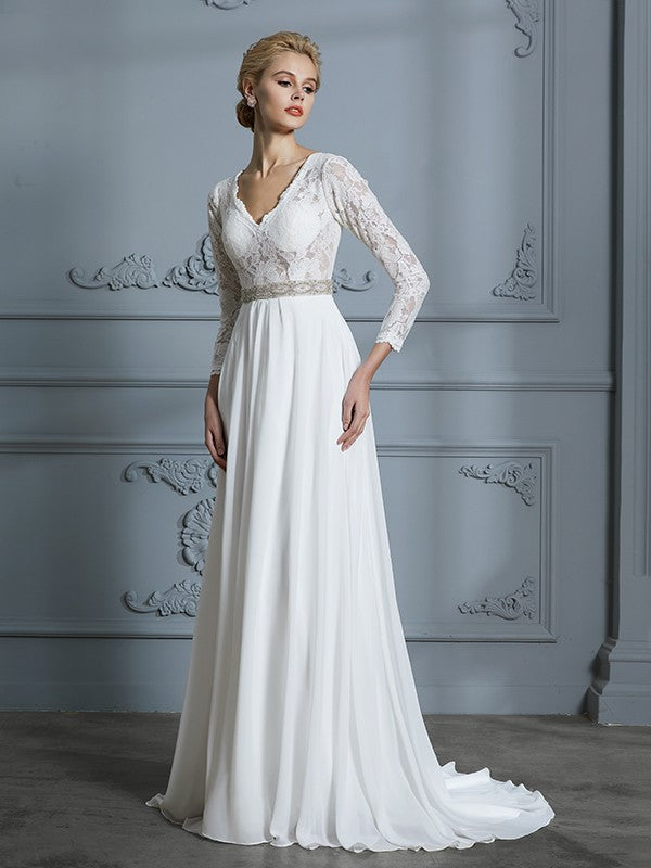 A-Line V-Neck Chiffon Three-Quarter Sleeve Train Wedding Dress - Chloe Dress