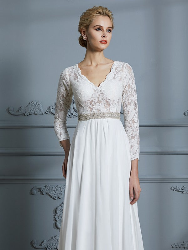 A-Line V-Neck Chiffon Three-Quarter Sleeve Train Wedding Dress - Chloe Dress