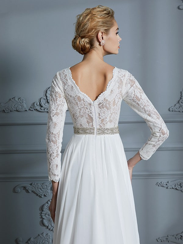 A-Line V-Neck Chiffon Three-Quarter Sleeve Train Wedding Dress - Chloe Dress