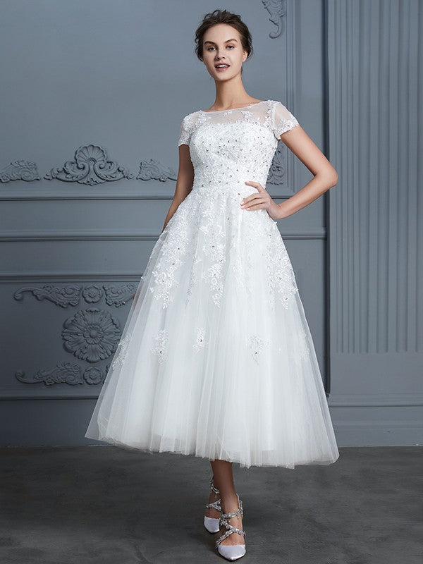 A-Line Tulle Short Sleeve Mini Wedding Dress - Chloe Dress