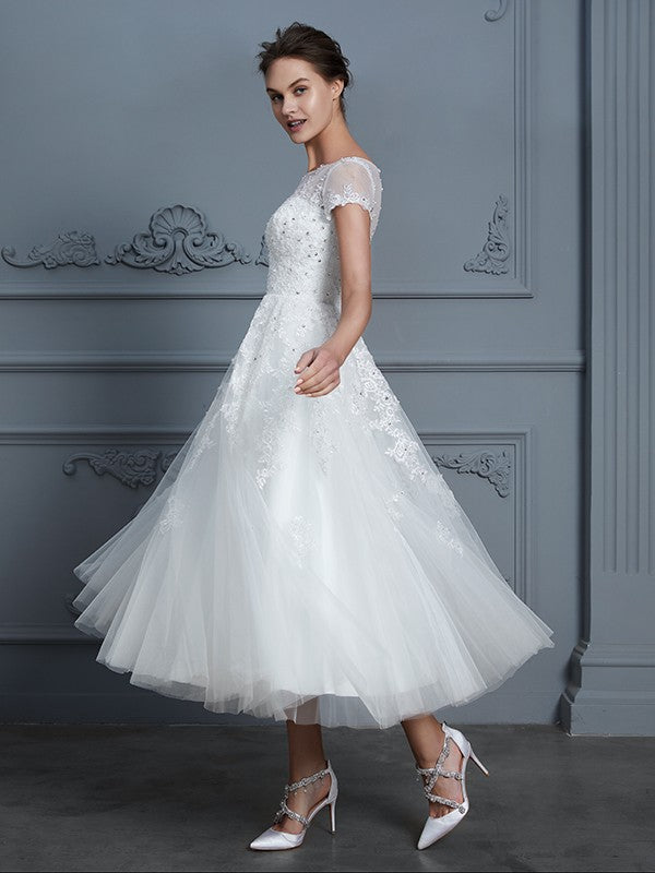 A-Line Tulle Short Sleeve Mini Wedding Dress - Chloe Dress