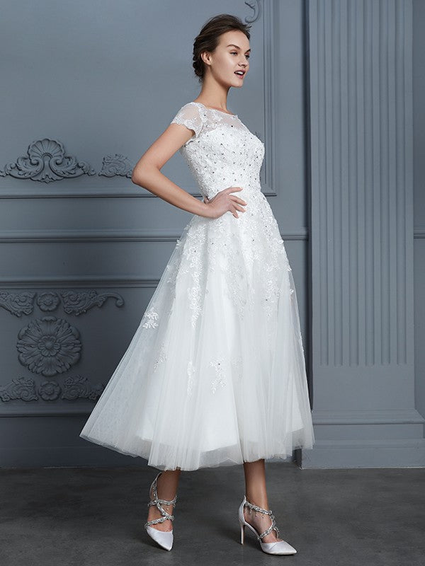 A-Line Tulle Short Sleeve Mini Wedding Dress - Chloe Dress