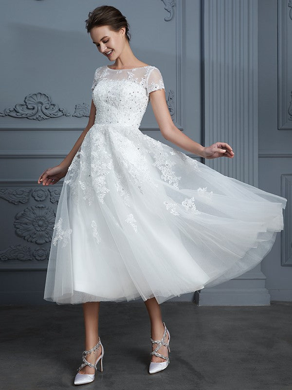 A-Line Tulle Short Sleeve Mini Wedding Dress - Chloe Dress