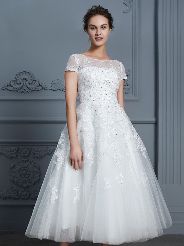 A-Line Tulle Short Sleeve Mini Wedding Dress - Chloe Dress