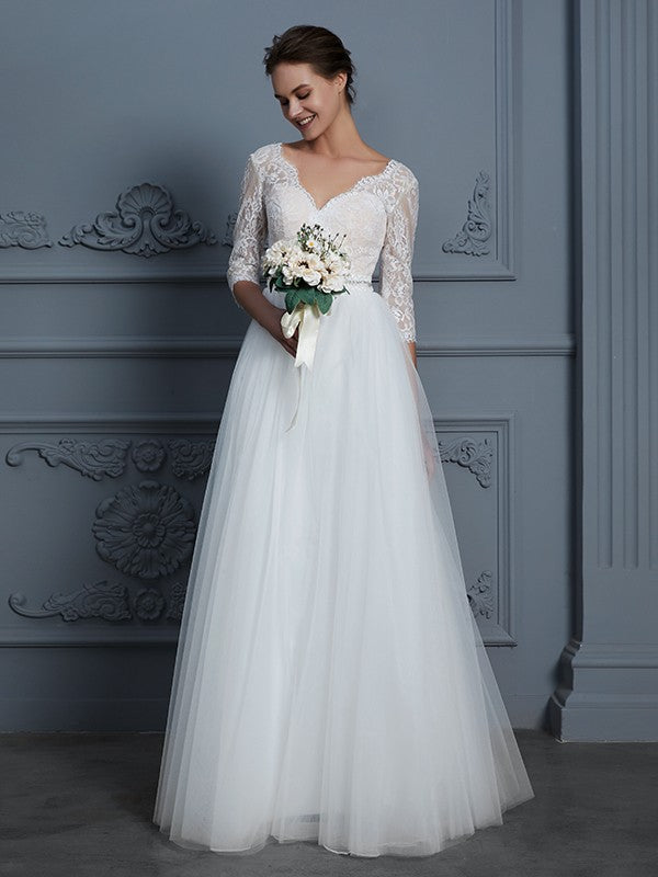 A-Line V-Neck Tulle Three-Quarter Sleeve Floor-Length Wedding Dress - Chloe Dress
