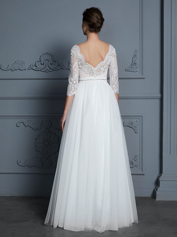 A-Line V-Neck Tulle Three-Quarter Sleeve Floor-Length Wedding Dress - Chloe Dress