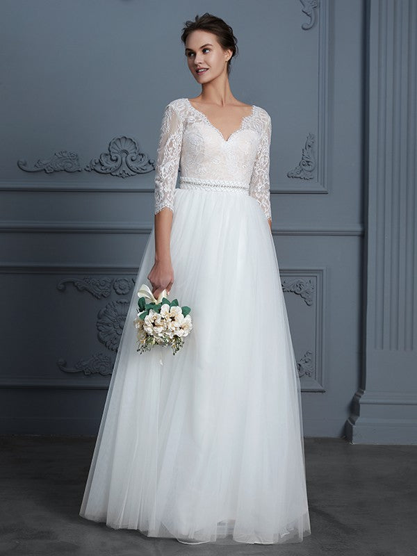 A-Line V-Neck Tulle Three-Quarter Sleeve Floor-Length Wedding Dress - Chloe Dress