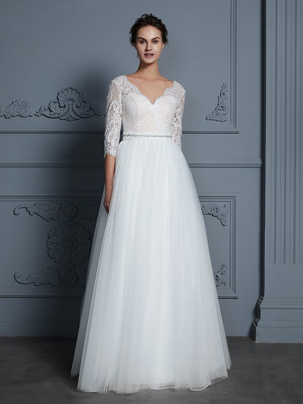 A-Line V-Neck Tulle Three-Quarter Sleeve Floor-Length Wedding Dress - Chloe Dress