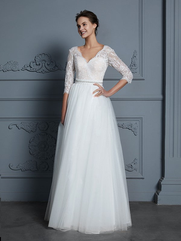 A-Line V-Neck Tulle Three-Quarter Sleeve Floor-Length Wedding Dress - Chloe Dress