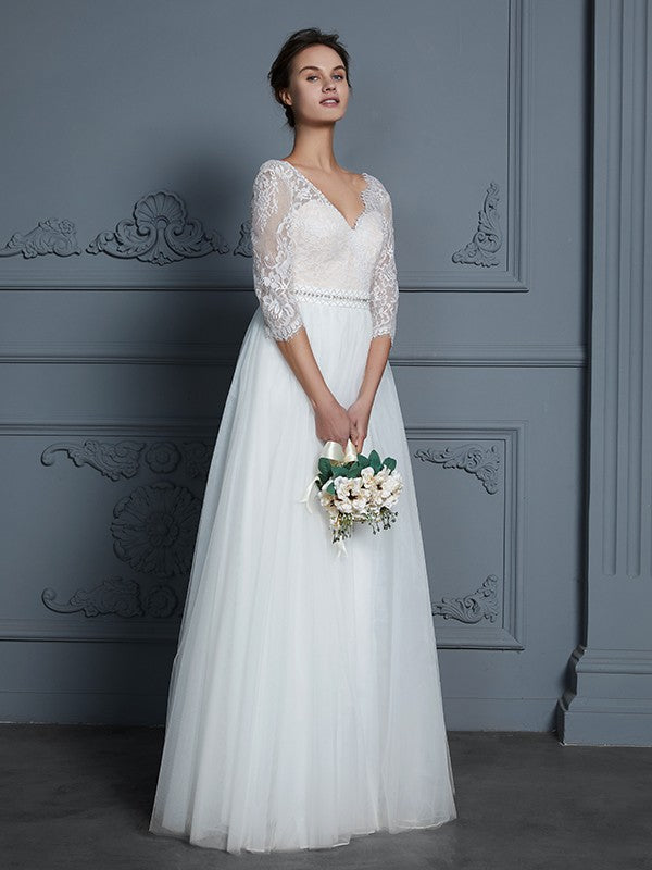 A-Line V-Neck Tulle Three-Quarter Sleeve Floor-Length Wedding Dress - Chloe Dress