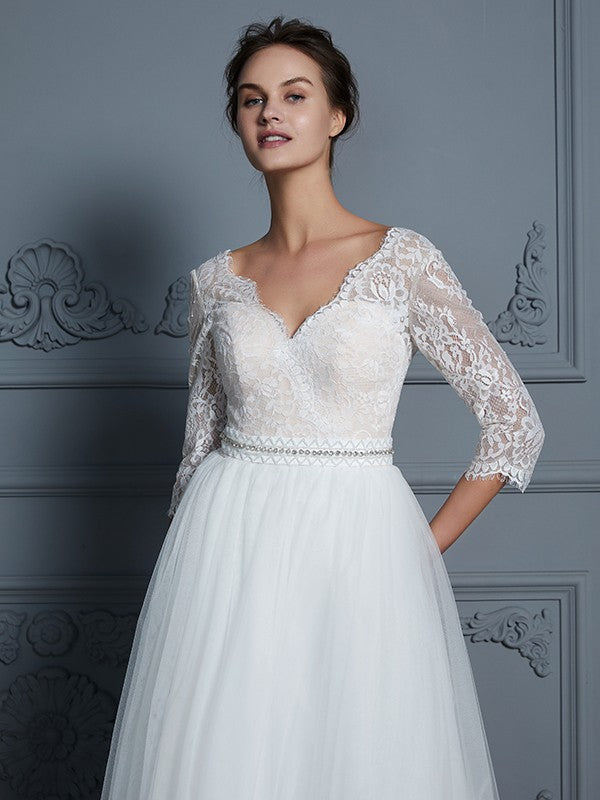 A-Line V-Neck Tulle Three-Quarter Sleeve Floor-Length Wedding Dress - Chloe Dress