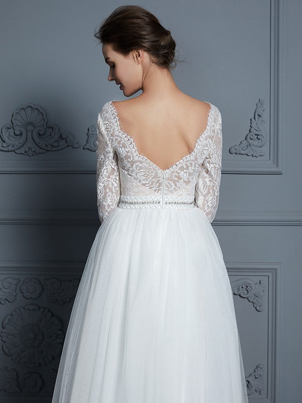 A-Line V-Neck Tulle Three-Quarter Sleeve Floor-Length Wedding Dress - Chloe Dress