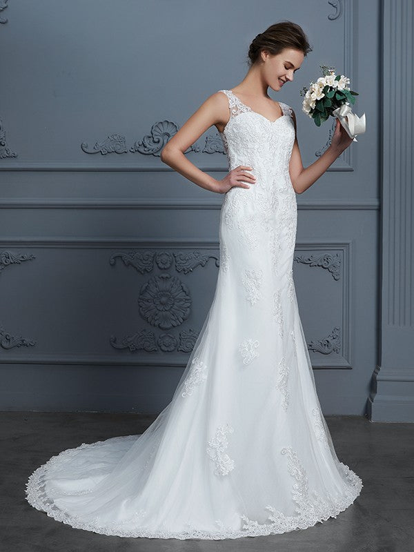 Mermaid V-Neck Tulle Sleeveless Train Wedding Dress - Chloe Dress