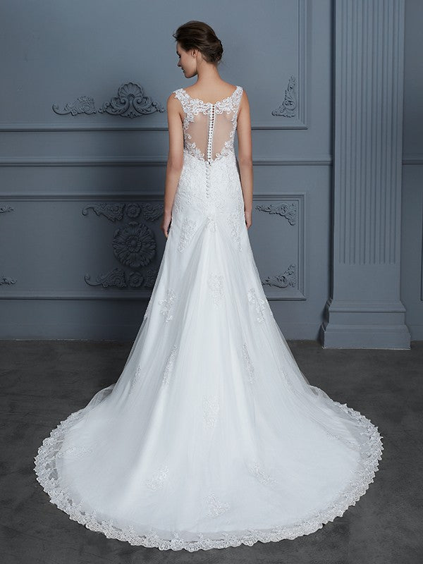 Mermaid V-Neck Tulle Sleeveless Train Wedding Dress - Chloe Dress