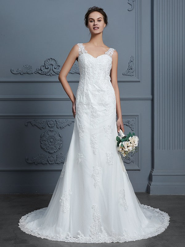 Mermaid V-Neck Tulle Sleeveless Train Wedding Dress - Chloe Dress
