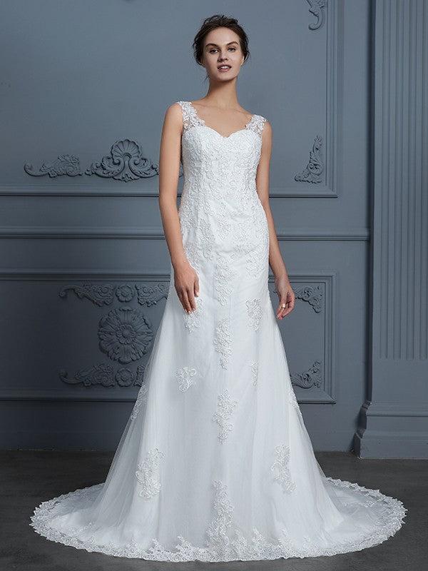 Mermaid V-Neck Tulle Sleeveless Train Wedding Dress - Chloe Dress