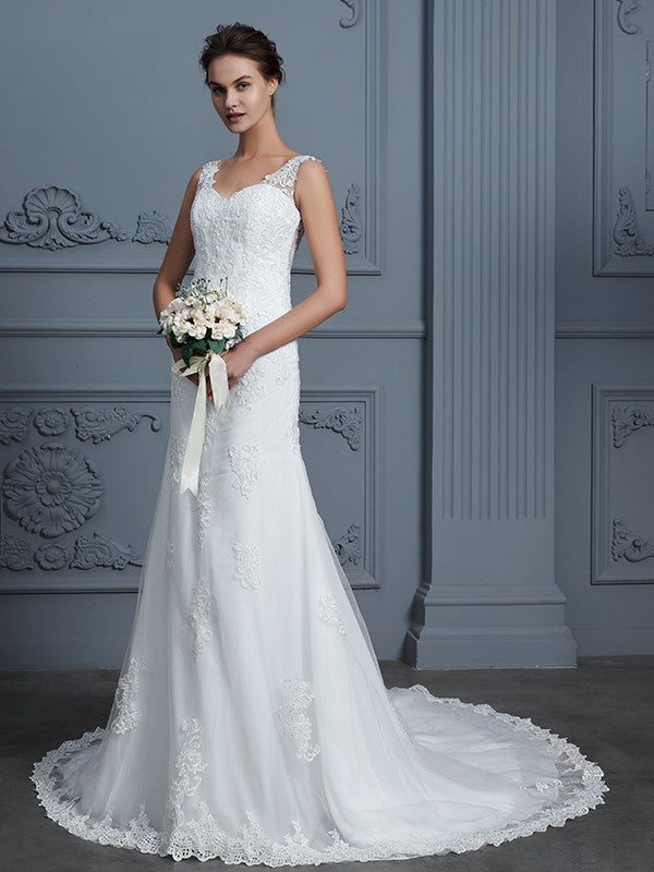 Mermaid V-Neck Tulle Sleeveless Train Wedding Dress - Chloe Dress