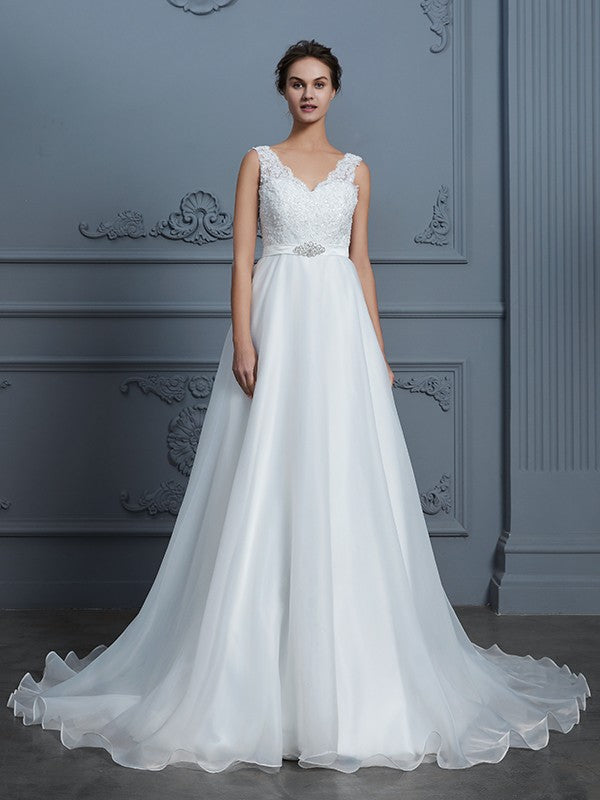 A-Line V-Neck Organza Sleeveless Floor-Length Wedding Dress - Chloe Dress